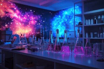 Chemistry lab filled with colorful liquids and a galactic backdrop in a modern facility