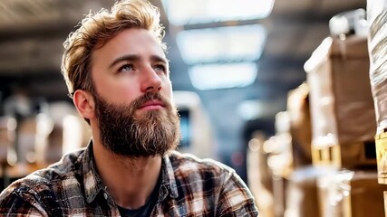 Professional freight transport worker in warehouse with truck. Confident logistics expert with cargo distribution experience. Industrial business portrait of successful transportation