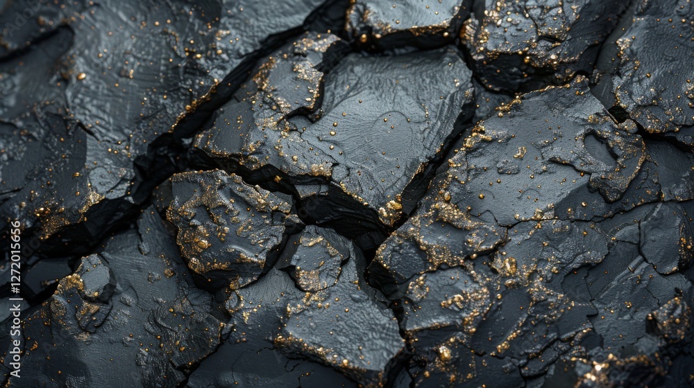 Aufkleber a detailed view of a dark and textured rock surface displaying intricate cracks and shimmering golde