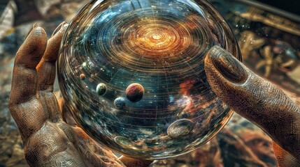 A mesmerizing close-up of hands cradling a glass sphere depicting the cosmos, symbolizing the interconnectedness of all things in the universe and human curiosity.