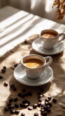 Two white coffee cups with steam rising from them on a white plate