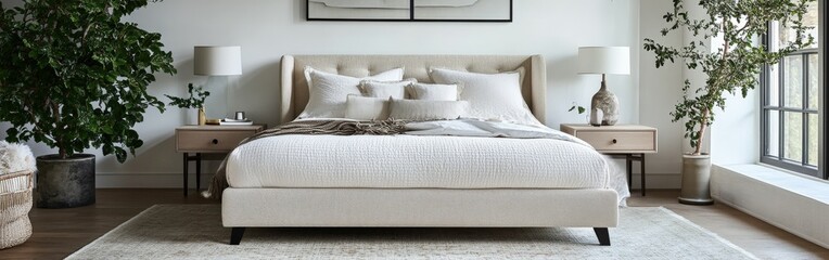 Obraz premium Cozy boucle bedroom design with soft textures and natural light