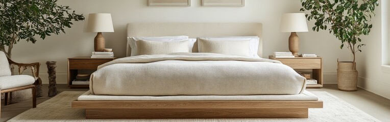 Cozy boucle bedroom with natural decor and soft lighting
