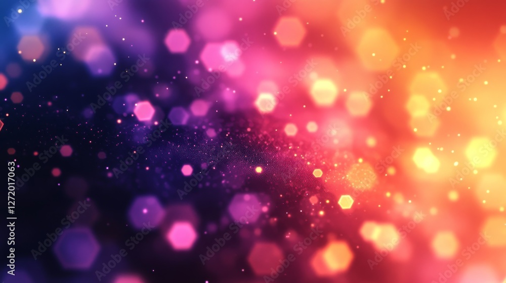 Poster hexagonal light particles float in a dynamic colorful abstract pattern
