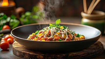 A creative artist's studio with chili con carne served on a palette