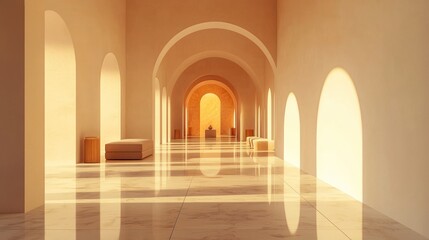 Obraz premium Sunlit arched hallway with marble floor and benches.