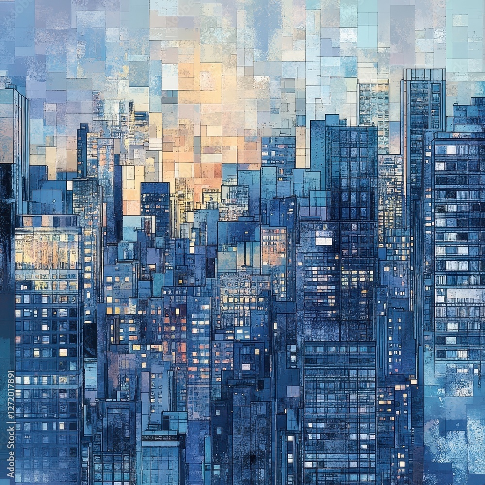Aufkleber abstract cityscape at dusk rendered in small rectangular blocks