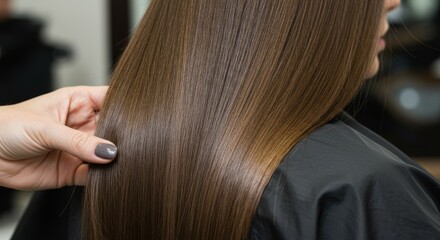 Fototapeta premium A close-up of a woman’s smooth, perfectly straightened hair after a keratin treatment. The silky strands reflect soft lighting, emphasizing the sleek, polished look