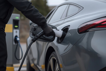 Electric vehicle charging at a public station during a cloudy afternoon