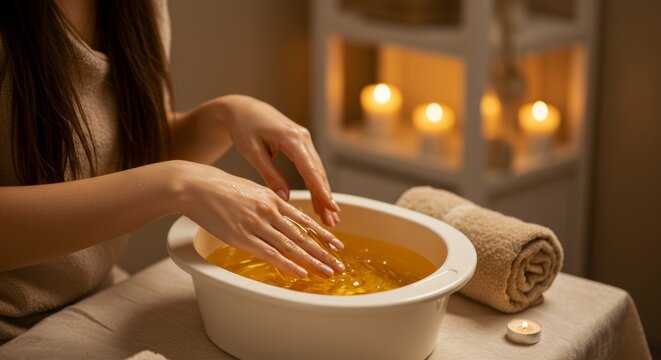A cozy, warm spa environment where a woman dips her hands into a golden paraffin wax bath