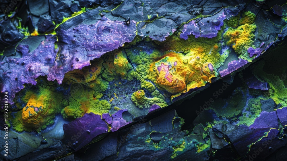 Poster Vivid colors display intricate patterns and textures on a rock surface, highlighting the beauty of natural formations found in geological specimens observed closely.