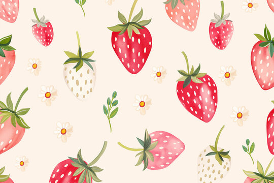 A seamless pattern featuring cute strawberry illustrations paired with delicate flower designs, perfect for baby room decor and nursery decoration