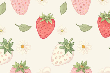 A seamless pattern featuring cute strawberry illustrations paired with delicate flower designs, perfect for baby room decor and nursery decoration