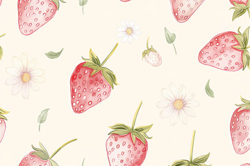 A seamless pattern featuring cute strawberry illustrations paired with delicate flower designs, perfect for baby room decor and nursery decoration