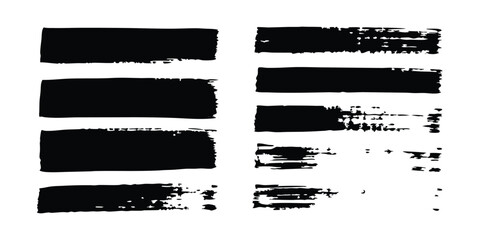 Vector brush strokes featuring black hand-drawn stripes, smears, Chinese or Japanese calligraphy, rough grunge texture, and rough grunge paint line texture, with vector sketch rectangle text boxes.