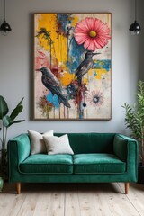 a painting of a bird and flower in a living room