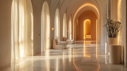 Obraz premium Sunlit corridor with arched entryways, minimalist seating, and marble floor.