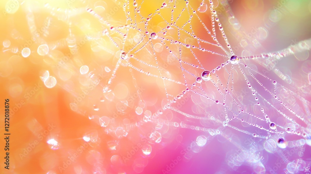 Poster dew drops on spiderweb with colorful bokeh background.