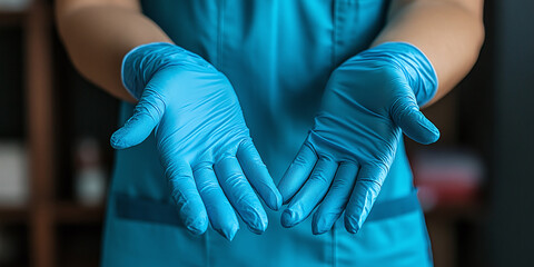 Medical professional wearing surgical gloves offering help, assistance, and care with hands out. Clean and protective health worker with sterile gloves.