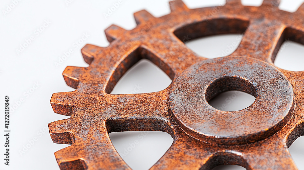 Poster close-up of a weathered, copper-colored gear with visible rust and surface texture, positioned on a 