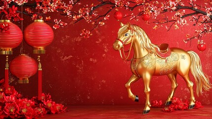 Golden horse figurine amidst cherry blossoms and red lanterns on vibrant red background