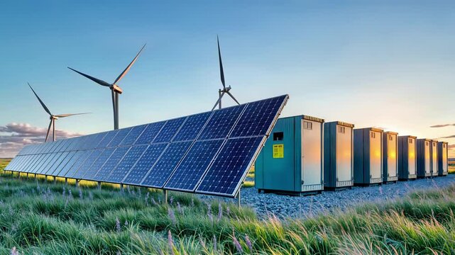 Renewable energy farm with solar panels, wind turbines and battery storage units in green field. Sustainable power generation technology with photovoltaic installation and smart grid infrastructure.