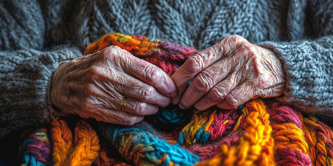 A pair of elderly hands, adorned with a simple ring, gently holding a brightly colored knitted blanket. The hands contrast with a cozy, neutral-toned sweater.