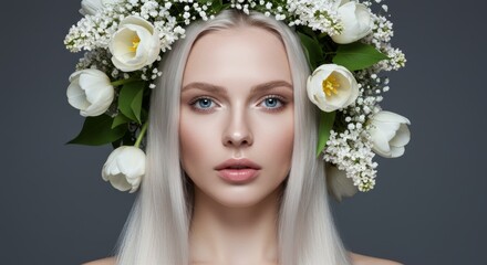 Naklejka premium A woman with ice-blonde straight hair, high cheekbones, and piercing blue eyes, with a floral wreath of white tulips, lilacs, and baby’s breath