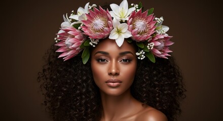 Fototapeta premium An elegant South African woman with deep caramel skin and curly dark brown hair, wearing a delicate floral crown of pink proteas and white lilies, naturalistic soft glow