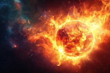 Obraz premium Sun emitting vibrant flames through the cosmos in an astonishing cosmic display of energy