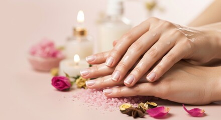 Close-up of beautifully moisturized hands and nails after a luxurious spa treatment. Elegant lighting, botanical ingredients and a calming atmosphere