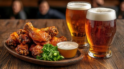 A sports bar atmosphere with buffalo wings stacked high on a large platter