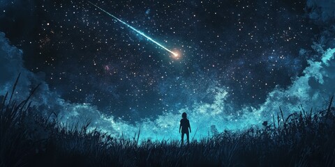 Fototapeta premium Silhouette watches a meteor streaking across the expansive night sky