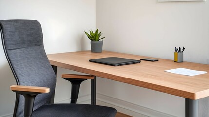 Modern Minimalist Home Office Workspace with Wooden Desk and Ergonomic Chair