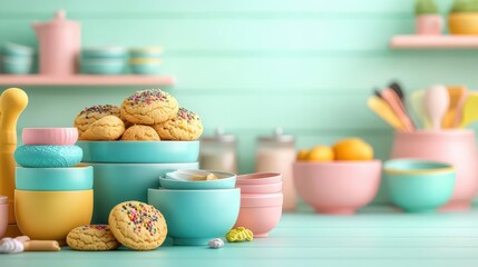 A vibrant kitchen counter overflowing with freshly baked chocolate chip cookies