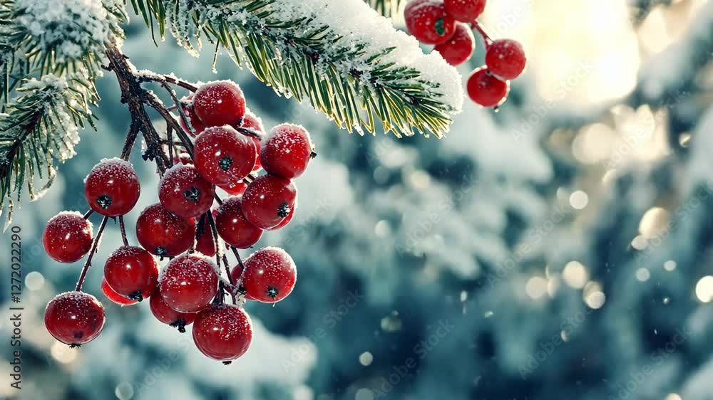 Poster winter scene featuring red berries on a frosted pine branch against a snowy background with soft sun