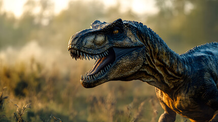 A large dinosaur, likely a Tyrannosaurus Rex, stands alert in a prehistoric environment. A fearsome sight.