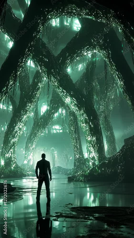 Poster mysterious figure standing in a luminescent forest among towering trees with glowing vines and mist