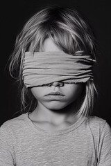 Children with blindfolded eyes, dark mode, b&w, Generative AI