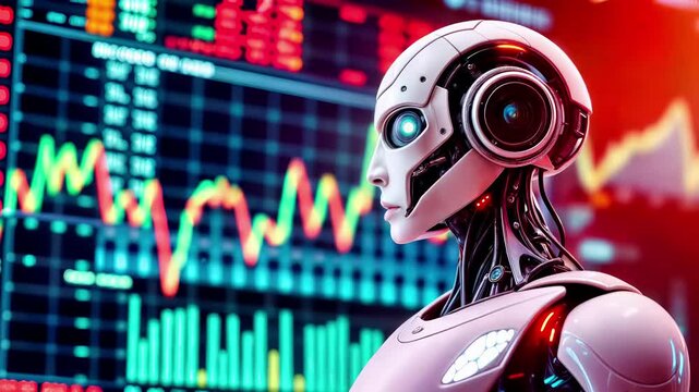 Ai robot head with glowing lens analyses financial market data. Digital dashboard with trading graphs and technical analysis indicators. Futuristic algorithmic and automated prediction technology