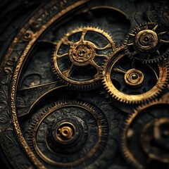 Intricate details of a clockwork mechanism display golden gears