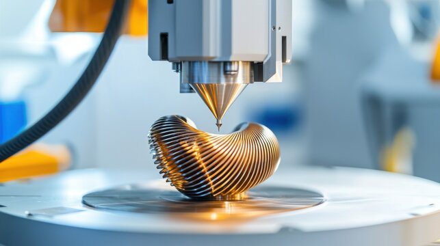 Close up of a 3D printer creating a metal aerospace component, futuristic additive manufacturing technology