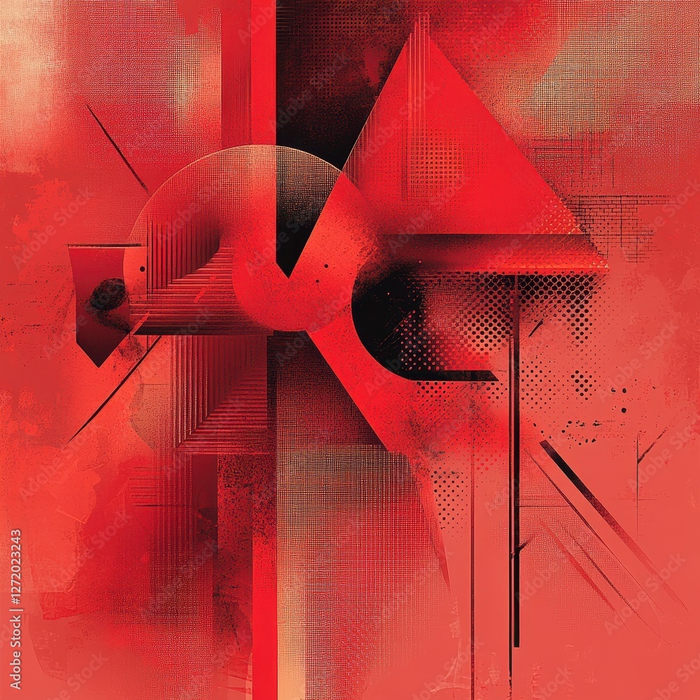 Poster abstract geometric composition featuring red circles triangles and lines