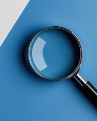 Close-up View of a Magnifying Glass on a Blue Background Displaying Curved Reflection and Focused Detail