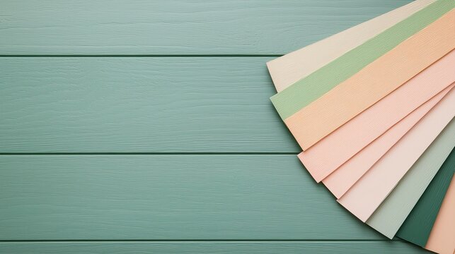 Colorful vinyl siding samples on wooden surface