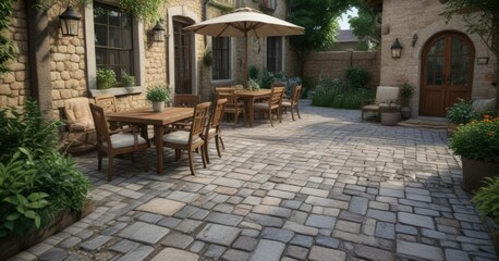 Obraz premium Cobblestone patio with outdoor furniture and plants, patio, rustic charm, furniture