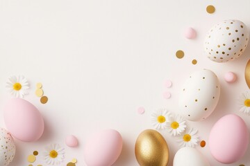 Pink, white, and gold easter eggs decorated with gold dots lie on a pink surface next to white daisies and gold and pink confetti, forming a festive border