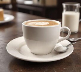 Fototapeta premium Coffee cup and saucer with a small amount of frothed milk and sugar on the side, indulgent treat, frothed milk, coffee