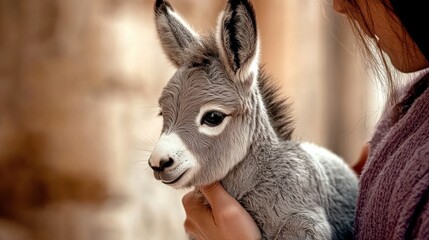 A charming donkey calf held closely by a person, highlighting the affectionate relationship animals can have with humans in a serene environment.
