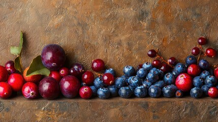 Assorted berries and plums on rustic background.